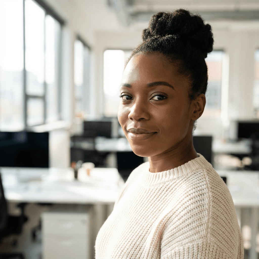 Rashida Thompson, office coordinator, at a desk with a laptop