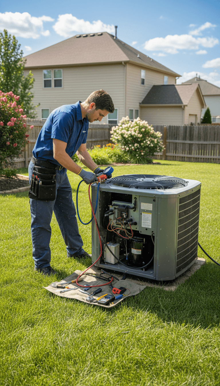 HVAC technician inspecting an air conditioning unit
