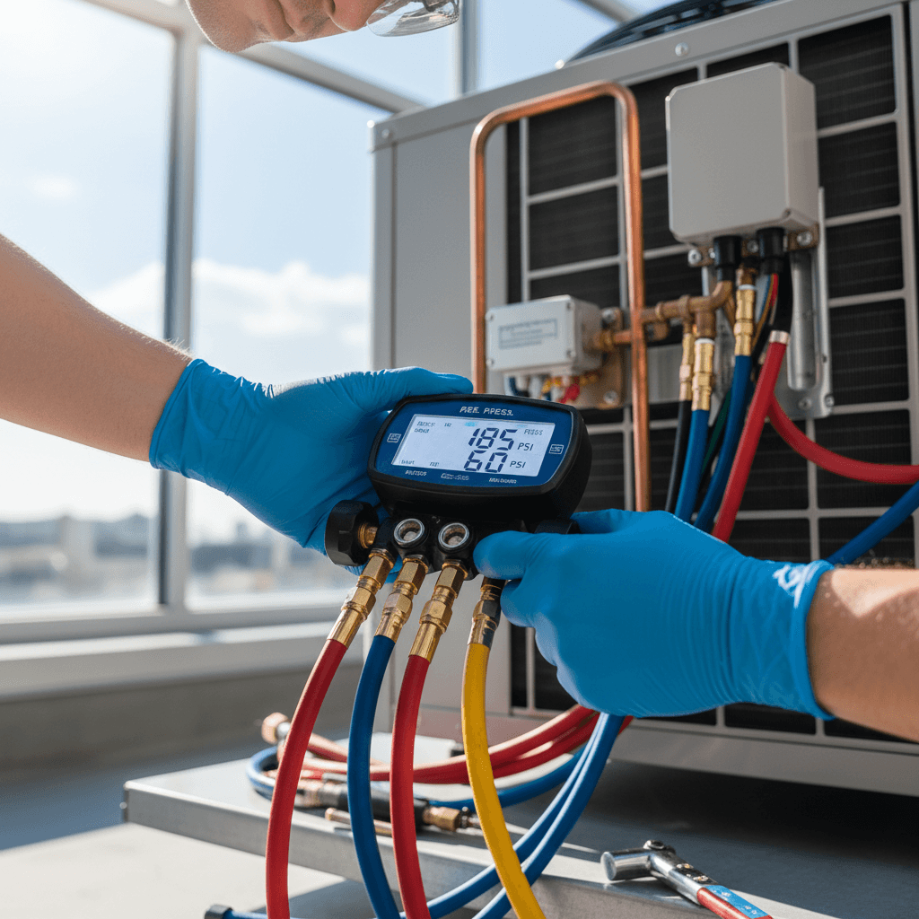 HVAC technician measuring refrigerant pressure with gauge on rooftop air conditioning unit during maintenance