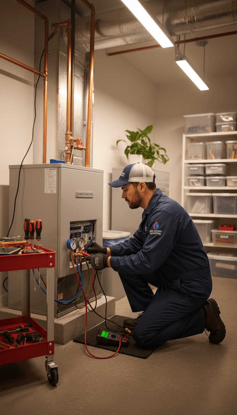 modern heating furnace unit being inspected by professional technician in utility room